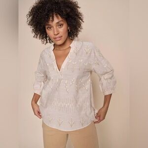 Mos Mosh Embroidered Nadine 3/4 Cotton Embroidered Blouse Tan